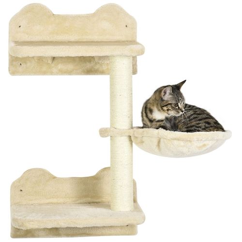 Pawhut Wall-Mounted Cat Tree, Cat Shelf with Scratching Post for Indoor - Beige