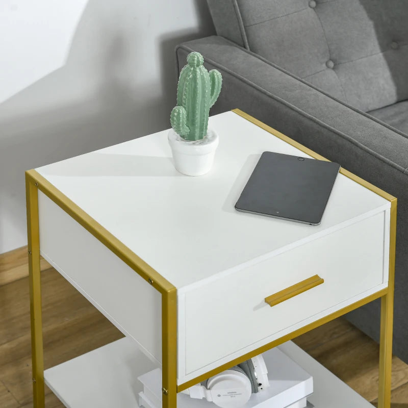 HOMCOM Modern Bedside Table, Nightstand with Drawer Shelf, Side Table, White and Gold