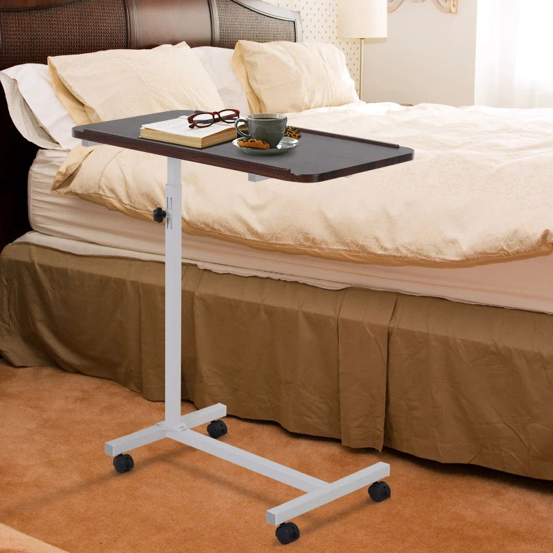 HOMCOM Height Adjustable Overbed Table with Wheels, C Shaped Laptop Desk, Portable Bedside Table, Brown